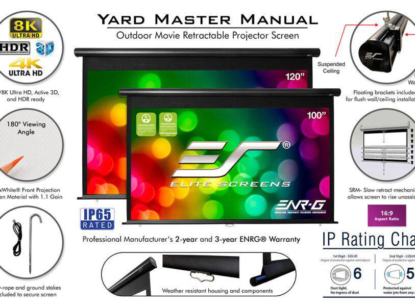 Elite Screens Yard Master Manual 120 inch Outdoor Projector Screen Rain Water Protection 16:9, 8K 4K Ultra HD 3D Indoor Movie Theater Cinema 120" Diag. IP-65 Mildew Resistant Projection Screen, OMS120HM